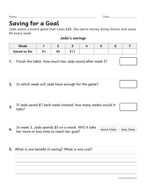 Preview of the printable “Saving money goal worksheet for 3rd grade” worksheet: planning how long it takes to save for a goal