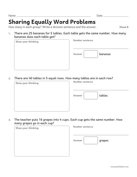 Preview of the printable “Sharing equally word Problems, sheet B” worksheet: solving division word problems with an unknown group size