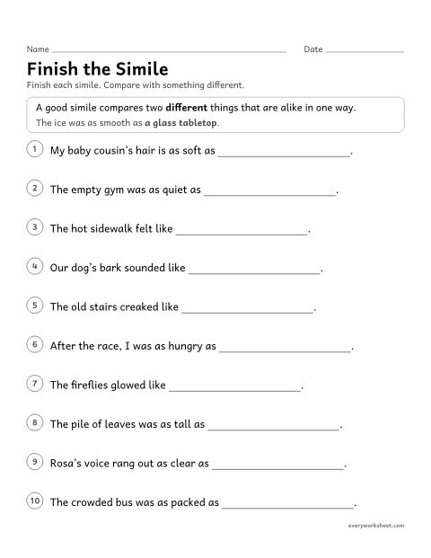 Preview of the printable “Finish the simile” worksheet: completing similes with fresh comparisons