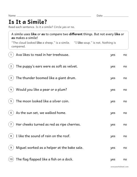 Preview of the printable “Is it a Simile?” worksheet: telling similes from sentences that use like or as in other ways