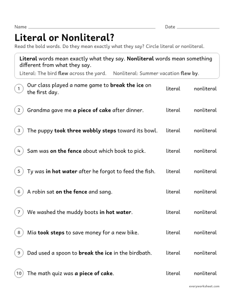 Preview of the printable “Literal or Nonliteral?” worksheet: telling literal from nonliteral meanings of the same phrase in context