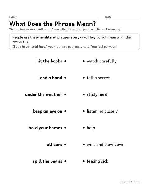 Preview of the printable “What does the phrase Mean?” worksheet: matching common nonliteral phrases to their meanings