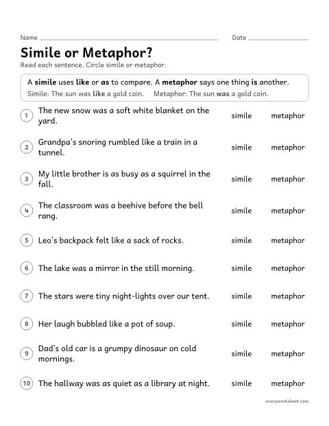 Preview of the printable “Simile or Metaphor?” worksheet: telling similes (like, as) from metaphors (is, was)
