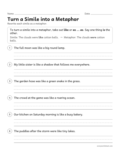 Preview of the printable “Turn a simile into a metaphor” worksheet: rewriting similes as metaphors