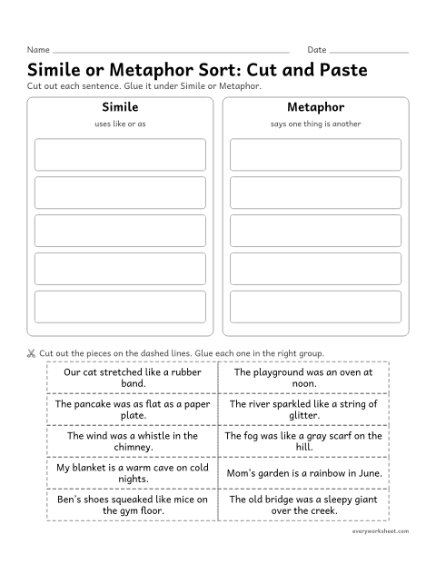 Preview of the printable “Simile or metaphor Sort: cut and paste” worksheet: sorting sentences into similes and metaphors