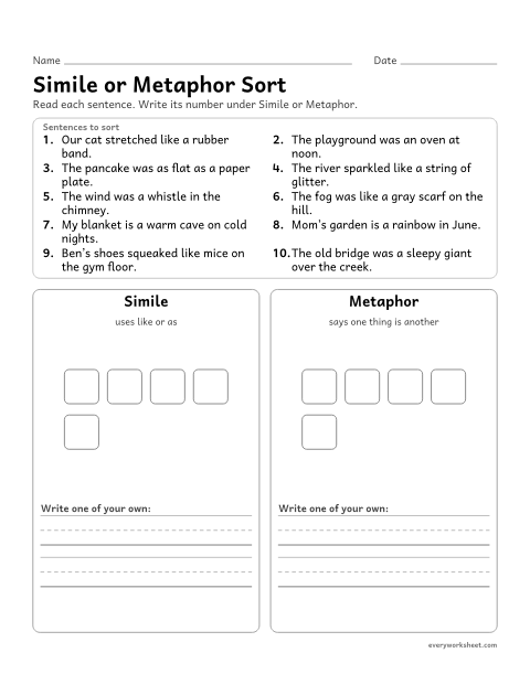 Preview of the printable “Simile or metaphor sort” worksheet: sorting sentences into similes and metaphors