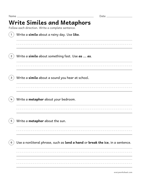Preview of the printable “Write similes and metaphors” worksheet: writing original similes, metaphors, and nonliteral phrases