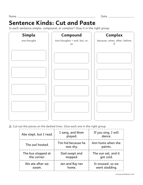 Preview of the printable “Sentence Kinds: cut and paste” worksheet: sorting simple, compound, and complex sentences (cut and paste)