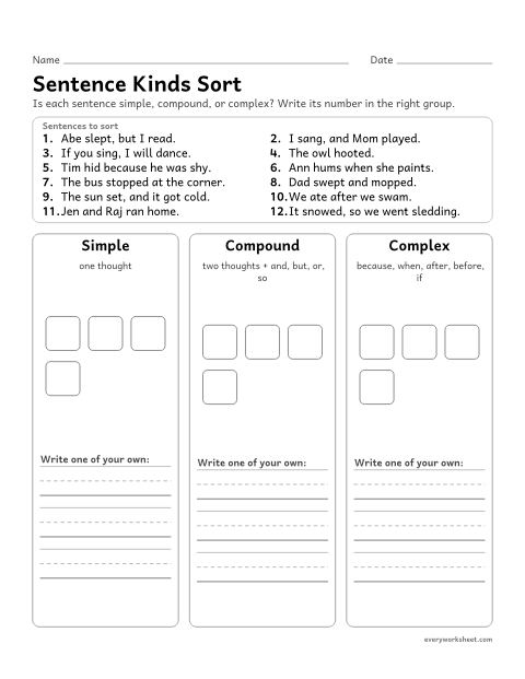 Preview of the printable “Sentence kinds sort” worksheet: sorting simple, compound, and complex sentences