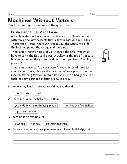 Preview of the printable “Simple machines reading passage for 3rd grade” worksheet: explaining how simple machines make work easier from a nonfiction text