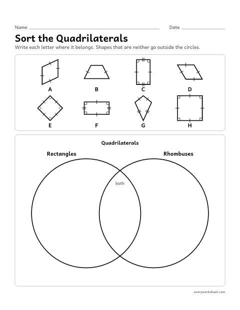 Preview of the printable “Sort the quadrilaterals” worksheet: sorting quadrilaterals into rectangles, rhombuses, both (squares) and neither