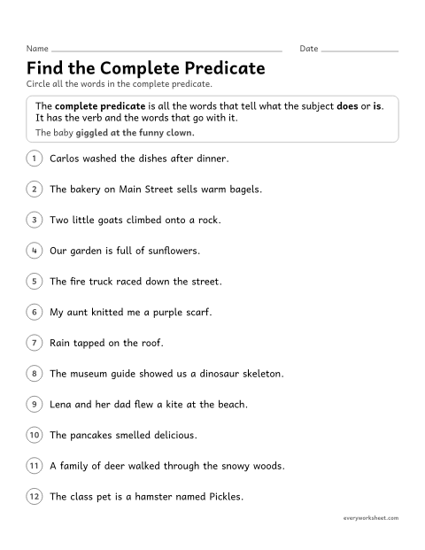 Preview of the printable “Find the complete predicate” worksheet: finding the complete predicate: the verb and all the words that tell what the subject does or is