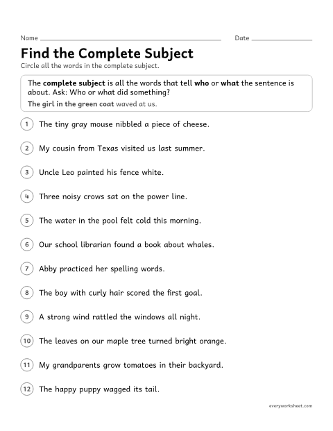 Preview of the printable “Find the complete subject” worksheet: finding the complete subject: all the words that tell who or what the sentence is about