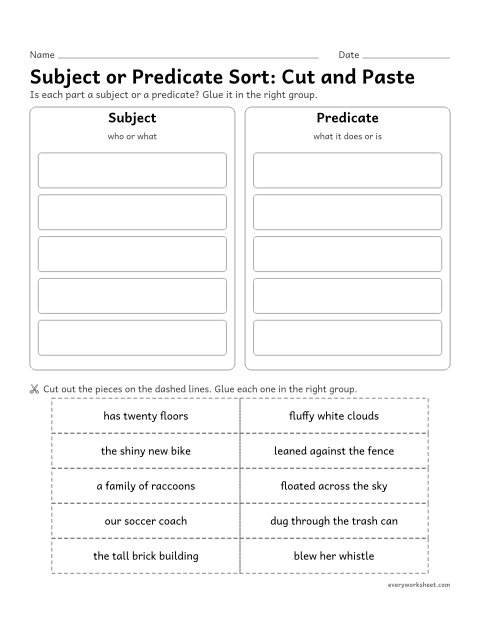 Preview of the printable “Subject or predicate Sort: cut and paste” worksheet: sorting sentence parts into subjects and predicates (cut and paste)