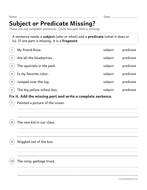 Preview of the printable “Subject or predicate Missing?” worksheet: telling whether a sentence fragment is missing its subject or its predicate, and fixing it