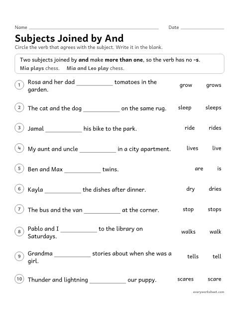 Preview of the printable “Subjects joined by and” worksheet: making verbs agree with compound subjects joined by and