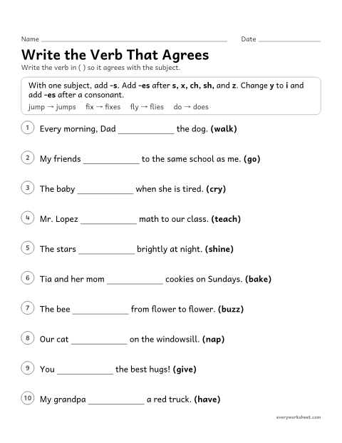 Preview of the printable “Write the verb that agrees” worksheet: writing present tense verbs that agree with the subject, with -s and -es spellings