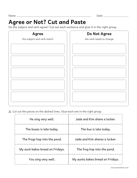 Preview of the printable “Agree or Not? cut and paste” worksheet: sorting sentences by whether the subject and verb agree