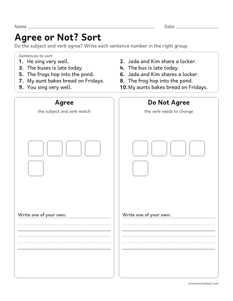 Preview of the printable “Agree or Not? sort” worksheet: sorting sentences by whether the subject and verb agree