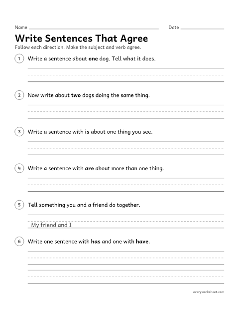 Preview of the printable “Write sentences that agree” worksheet: writing sentences with subjects and verbs that agree