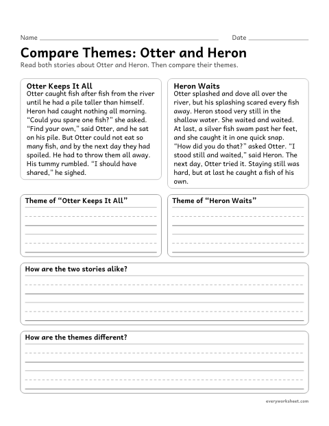 Preview of the printable “Compare Themes: otter and heron” worksheet: comparing the themes of two stories about the same characters