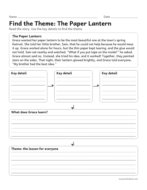 Preview of the printable “Find the Theme: the paper lantern” worksheet: using key details and what a character learns to find the theme