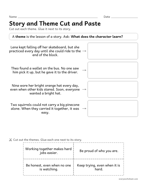Preview of the printable “Story and theme cut and paste” worksheet: matching short stories to their themes (cut and paste)