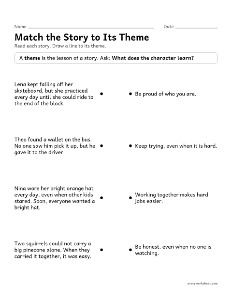 Preview of the printable “Match the story to its theme” worksheet: matching short stories to their themes