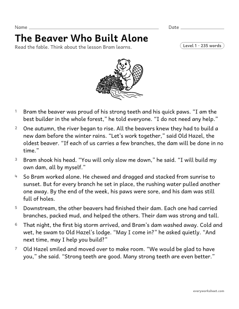 Preview of the printable “The beaver who built alone” worksheet: finding the lesson of a fable and explaining how key details show it