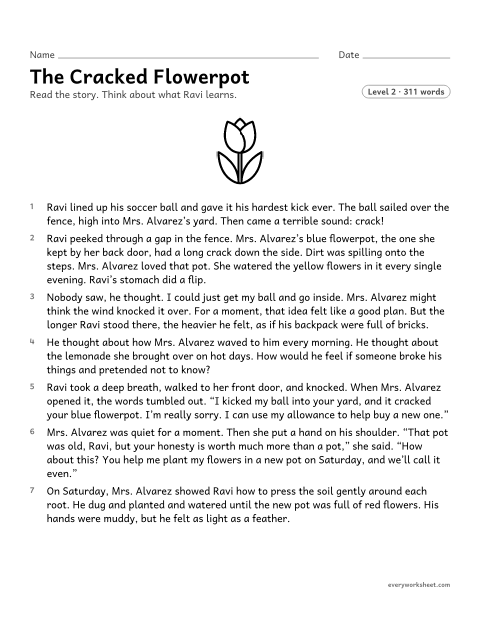 Preview of the printable “The cracked flowerpot” worksheet: finding the central message of a story and explaining how key details show it