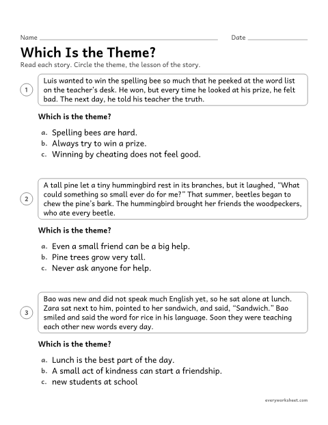Preview of the printable “Which is the Theme?” worksheet: choosing the theme of a short story over a topic or a wrong lesson