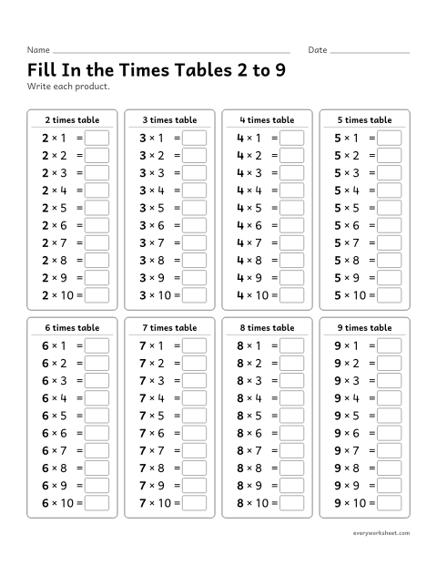 Preview of the printable “Fill in the times tables 2 to 9” worksheet: writing the times tables 2 to 9