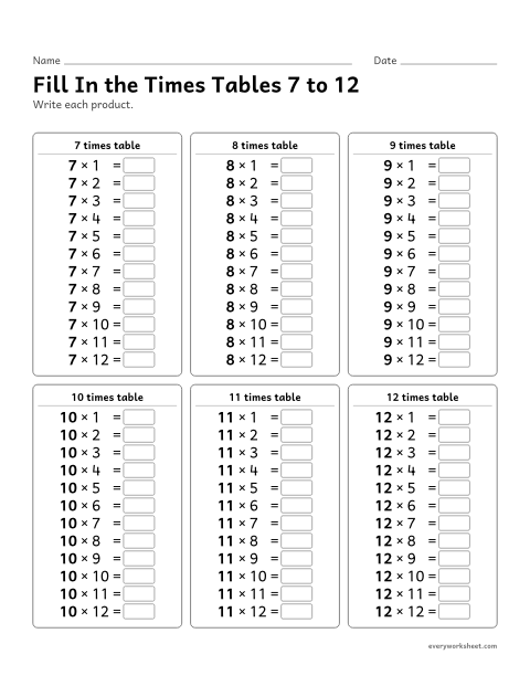 Preview of the printable “Fill in the times tables 7 to 12” worksheet: writing the times tables 7 to 12
