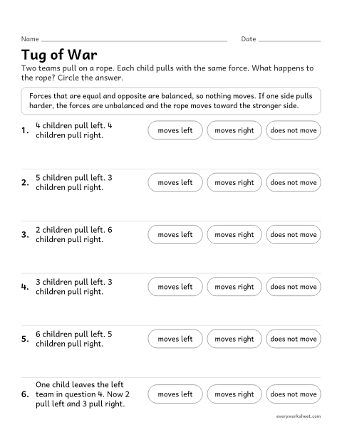 Preview of the printable “Tug of war forces worksheet for 3rd grade” worksheet: predicting motion from the sizes of opposing forces