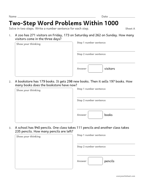 Preview of the printable “Two-Step word problems within 1000, sheet A” worksheet: solving two-step addition and subtraction word problems within 1000