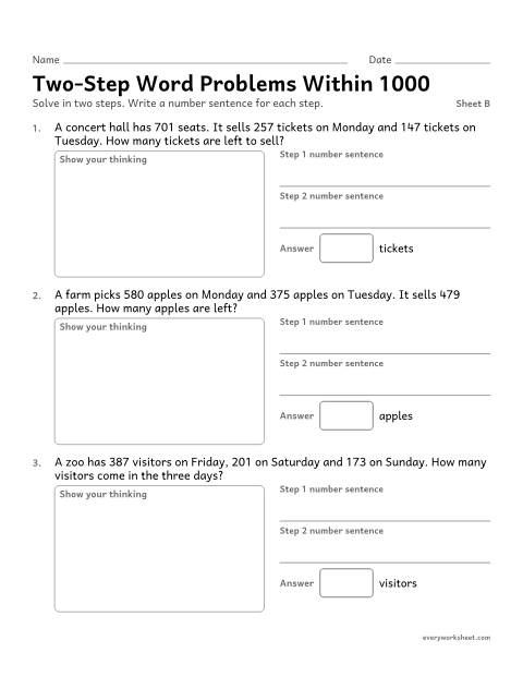 Preview of the printable “Two-Step word problems within 1000, sheet B” worksheet: solving two-step addition and subtraction word problems within 1000