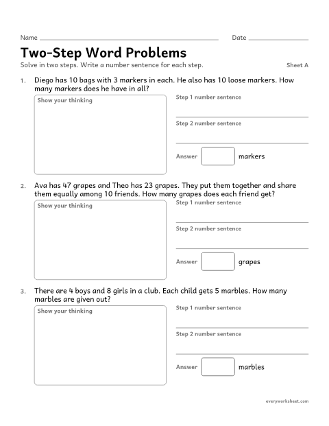 Preview of the printable “Two-Step word Problems, sheet A” worksheet: solving two-step word problems with all four operations