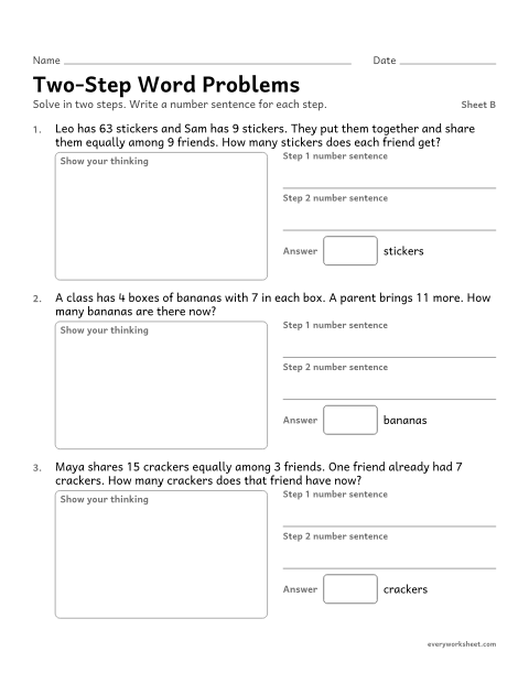 Preview of the printable “Two-Step word Problems, sheet B” worksheet: solving two-step word problems with all four operations