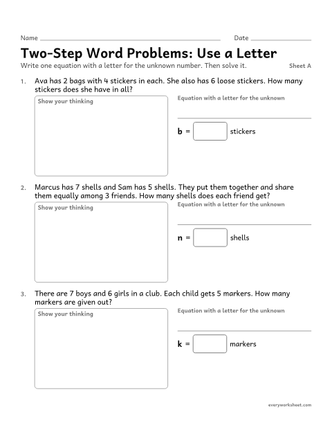 Preview of the printable “Two-Step word Problems: use a Letter, sheet A” worksheet: writing an equation with a letter for the unknown in a two-step problem