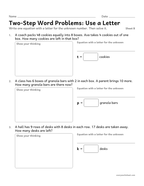 Preview of the printable “Two-Step word Problems: use a Letter, sheet B” worksheet: writing an equation with a letter for the unknown in a two-step problem