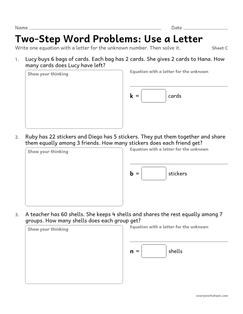 Preview of the printable “Two-Step word Problems: use a Letter, sheet C” worksheet: writing an equation with a letter for the unknown in a two-step problem