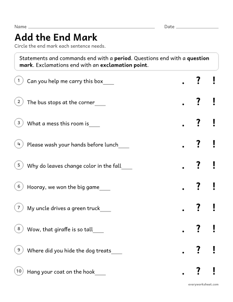 Preview of the printable “Add the end mark” worksheet: choosing the end mark for each type of sentence