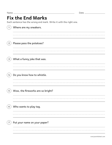 Preview of the printable “Fix the end marks” worksheet: correcting end marks to match the type of sentence