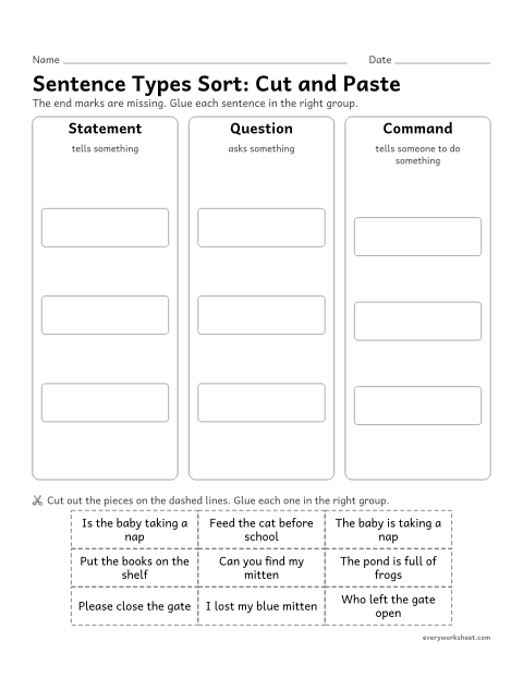 Preview of the printable “Sentence types Sort: cut and paste” worksheet: sorting statements, questions, and commands (cut and paste)