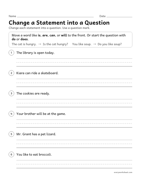 Preview of the printable “Change a statement into a question” worksheet: turning statements into questions
