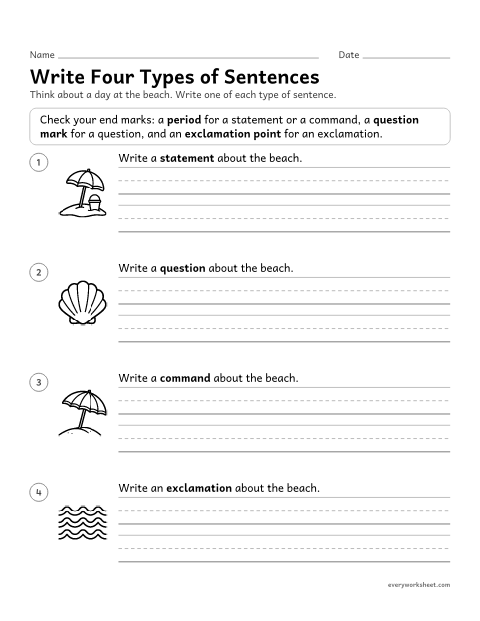 Preview of the printable “Write four types of sentences” worksheet: writing a statement, a question, a command, and an exclamation on one topic
