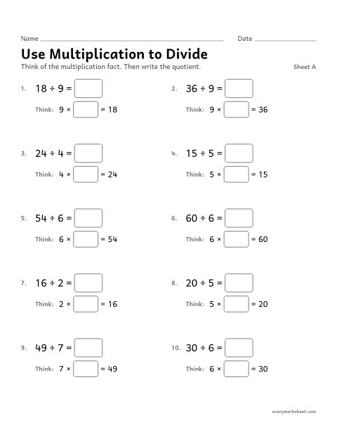 Preview of the printable “Use multiplication to Divide, sheet A” worksheet: dividing by finding an unknown factor