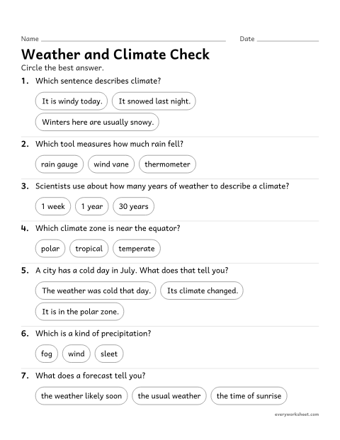 Preview of the printable “Weather and climate quiz for 3rd grade” worksheet: reviewing weather, climate, weather tools and climate zones