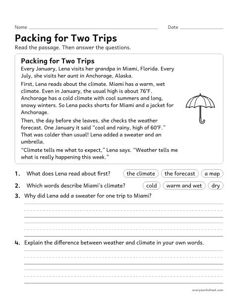 Preview of the printable “Weather and climate reading passage for 3rd grade” worksheet: reading an informational passage to explain the difference between weather and climate