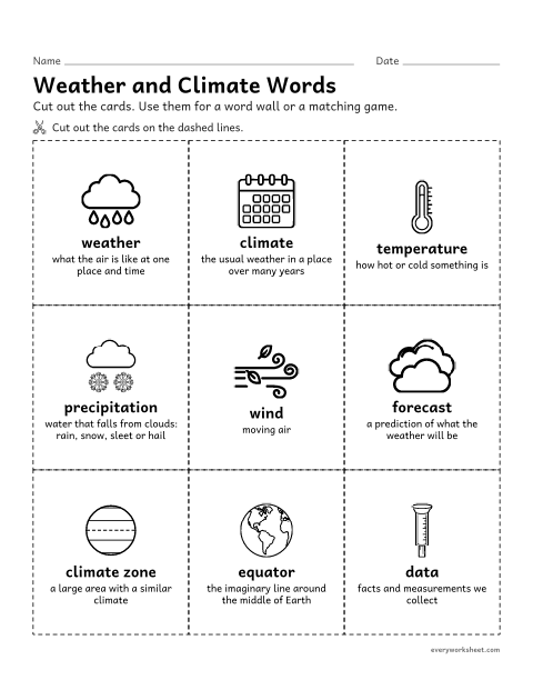 Preview of the printable “Weather and climate vocabulary cards” worksheet: learning the vocabulary of weather and climate